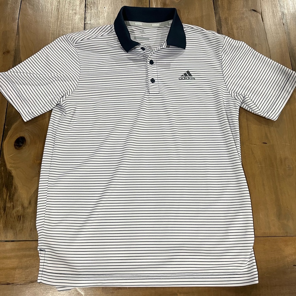 Adidas Men’s Short Sleeve Golf Polo, Size Small, White with Navy Stripes